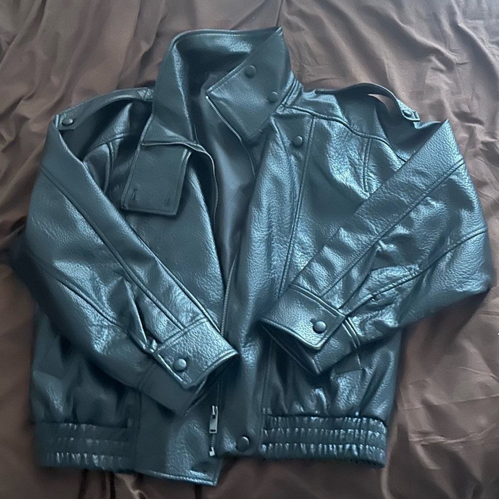 Zara Black Faux Leather Jacket funnel neck
